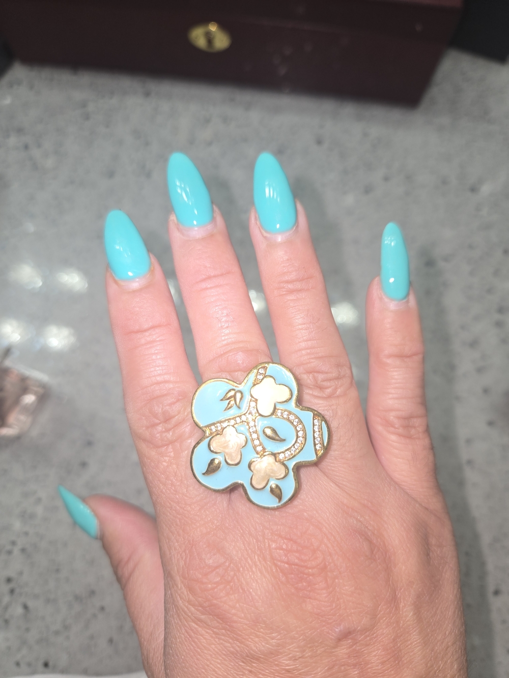 Gold-Tone Turquoise Enamel Flower Statement Ring